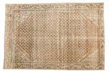 Distressed Mir Serbend rug, allover mir boteh design in antique ivory, coffee brown, and subtle blue, 4x6.