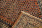 Vintage Mir Serbend rug folded, terracotta pile with boteh and unique pawn borders.