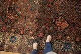 Hand-knotted Baktiari rug detail: garden panel motif, decorative border, aged red and cobalt blue.