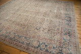 Distressed vintage Sparta carpet with worn antique ivory field and dusty blue palmette border.