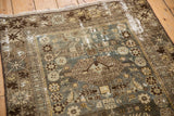 Distressed vintage Malayer rug field, localized pile recess, unique birds, deep ocean blue, oxidized silver.