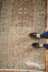 Vintage Distressed Karaja runner with geometric pattern and exposed foundation.