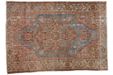 Distressed vintage Karaja carpet, geometric medallion with palmette finials, sky blue, dusty rose.