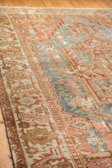 Vintage distressed Karaja carpet, expressive main border and geometric field in blush rose, sky blue, green.