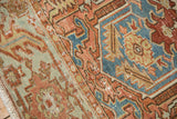 Distressed Karaja rug texture, sky blue, blush, and pale green geometric motifs.
