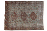 Vintage Distressed Qashqai rug, triple medallions, blue-green field, dark rust borders with wear.