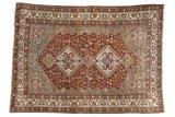 Vintage Distressed Shiraz rug, ivory double medallions, copper and blue playful field. 6'9