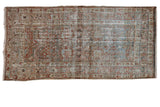 Distressed vintage Mahal runner, allover faded floral bouquets and vine palmette border in dusty teal, terra cotta, and beige, 3'8