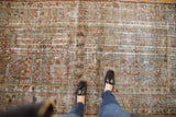 Hand-knotted vintage distressed Mahal rug texture, with worn floral motifs in earthy terra cotta and teal.