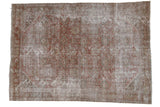 Distressed vintage Mahal carpet, muted blush, brown, ivory tones, allover floral palmette design.