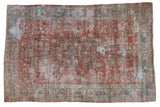 Distressed Mahal carpet, floral vinery, faded red and blue, visible foundation, 8'4