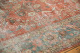 Distressed Mahal carpet border in ocean green blue and beige, soft red floral field.