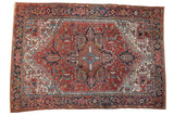 Vintage Heriz carpet with classic Heriz motif, rich brick red, ivory, navy blue, and copper green.
