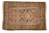 Vintage Persian Belouch rug mat, staggered triple medallion with finned diamonds in chocolate, blush, ivory.