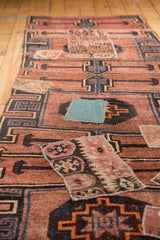 Distressed vintage Kars runner in blush and navy with decorative kilim patchwork.