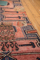 Detail of the distressed Kars runner showing fragmented kilim patches and geometric patterns in blush, navy.