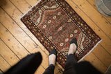Distressed vintage Hamadan rug with faded lattice design and meandering vine borders.