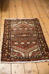 Distressed vintage Hamadan rug, dusty rust vine border and ivory floral trellis.