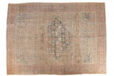 Antique distressed Sultanabad carpet, large medallion, Herati pattern, mallard green, terra cotta.