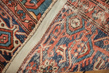 Hand-knotted Heriz rug detail highlighting foundation, visible knot heads, and geometric red, navy pile.