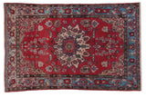 Vintage Northwest Persian rug with a cherry red field, concentric medallion, and aqua blue borders, 5x7.5