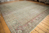 Distressed vintage Tabriz carpet, muted aqua green field with dusty cochineal turtle samovar border.