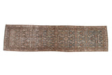 Vintage distressed Malayer runner with allover Herati motif, charcoal, deep blue, and rose patina.