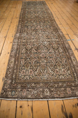 Distressed vintage Malayer runner, worn charcoal and coffee Herati pattern, reduced outer border.