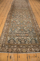 Vintage Malayer runner's Herati motif with charmingly distressed texture, charcoal, rose, and sky blue.