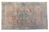 Vintage Distressed Tabriz carpet, blush and ocean blue central medallion with floral, animal motifs.