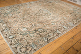 Faded floral palmettes and vinery on a distressed Baktiari carpet with soft ivory and teal tones.