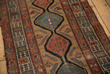 Interconnected mallard green and madder red medallions with boteh motifs on the antique Serab runner.
