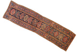 Hand-knotted vintage Malayer runner, navy field with madder red and saffron gold guls, 3'5
