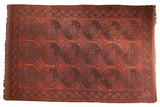Vintage Ersari carpet, triple column geometric medallions in cherry red and deep blue, 7'6