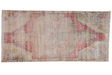 Distressed Oushak runner with faded medallion, red and saffron arabesque florals, 3'9