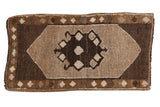 Vintage Oushak rug mat with asymmetric diamond medallion and geometric border in brown and ivory.