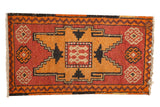 Distressed Oushak rug mat with brick red and saffron geometric medallions, 1'6
