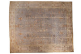 Distressed Art Deco carpet, faded mauve grey with pale gold allover planter motifs. 12'x14'9