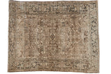Distressed vintage Mehrivan carpet, geometric floral and turtle patterns in antique ivory and soft browns.