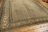 Distressed vintage Mir Sarouk carpet border, featuring tribal motifs and muted beige.