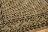 Textured beige corner of vintage distressed Mir Sarouk rug, with dark germinating seed motif.