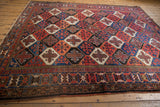 Madder red, indigo, and ivory stylized patterns on the Baktiari rug's border.
