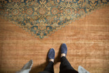 Antique Bibikabad carpet: distressed orange field with subtle shadow gul and stepped Herati pattern.