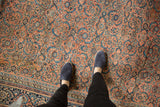 Antique Karabagh carpet's intricate Herati motif field in pale raspberry plum, navy, and ivory.