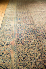Distressed antique Khorassan carpet detail, Mahi Mahi turtle border, Herati field, navy, ivory, apricot.