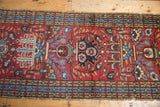 Vintage Heriz runner detail: cherry red field with sky blue blossoms, green vinery, and patterned border.