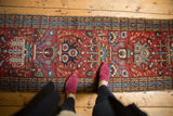 Vintage Heriz runner with cherry red field, sky blue medallions, germinating plants, and vinery.