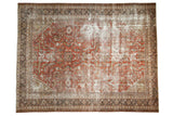 Vintage Distressed Mahal carpet, allover curvilinear pattern in brick red and time-softened neutrals, 8' x 10'2