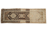 Distressed Oushak runner, dark chocolate brown quatrefoil medallion, faded ivory patterns, 3'6