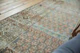 Vintage distressed Malayer runner's repeating boteh in ocean green and terra cotta.